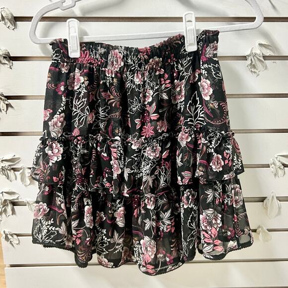 MISA Los Angeles Ceria Pull On Ruffle Tiered Mini Skirt Black Fuchsia Floral M - Picture 2 of 8